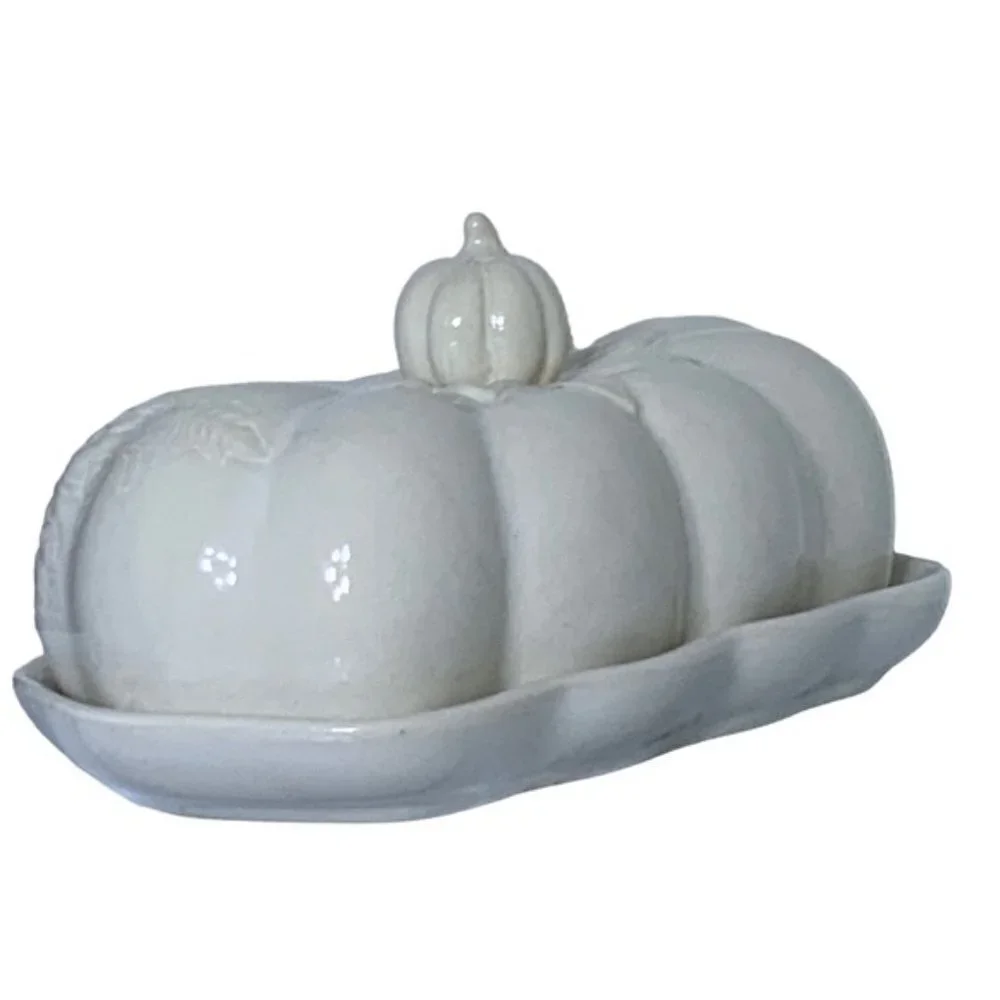 Harvest Pumpkin Covered Butter Dish With Lid Large Ceramic Floral White Cream